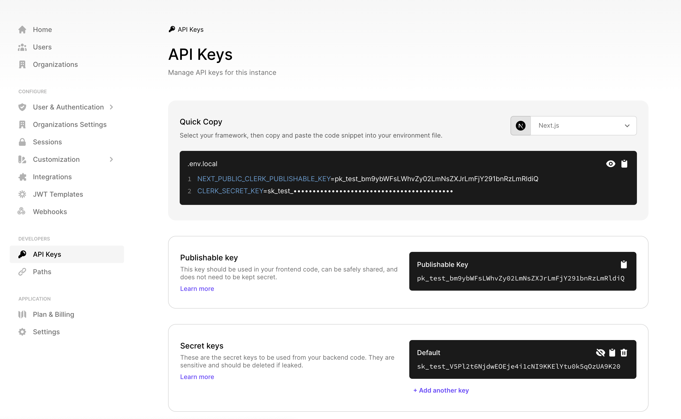 Clerk API Keys screenshot